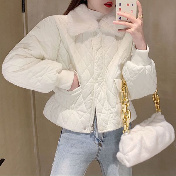 

2021 short coats women cotton padded jacket white wool lapel thicken winter new fashion slim warm wear pocket tlyn, Black;brown