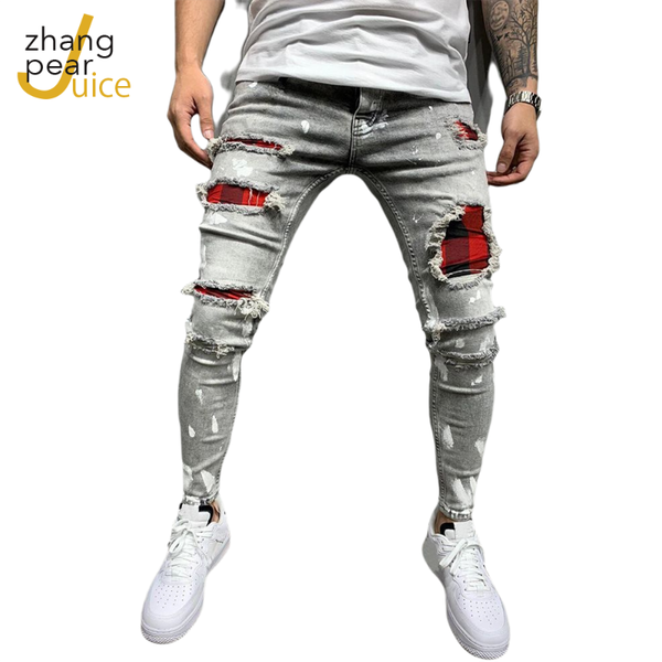 

men's jeans men skinny ripped grid stretch denim pants elastic waist european casual, Blue