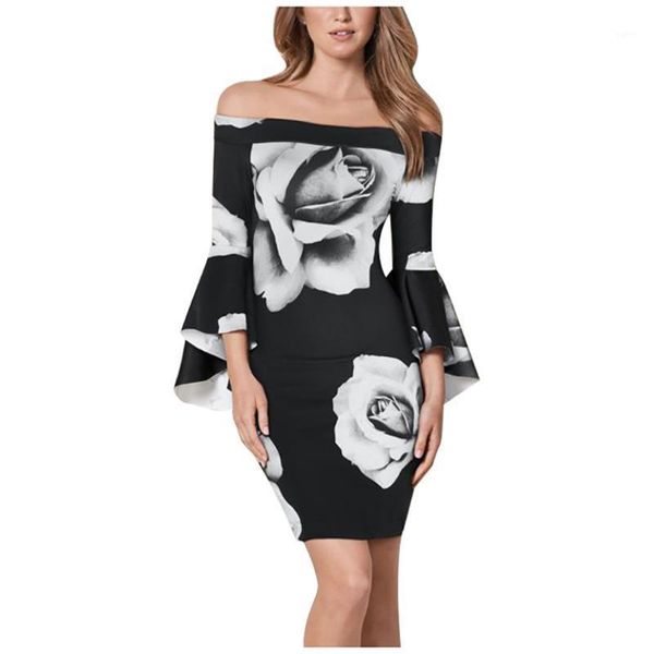 

elegant women dress 2020 women off shoulder flare sleeve floral printed beach party mini dress sundress vestidos z07281, Black;gray
