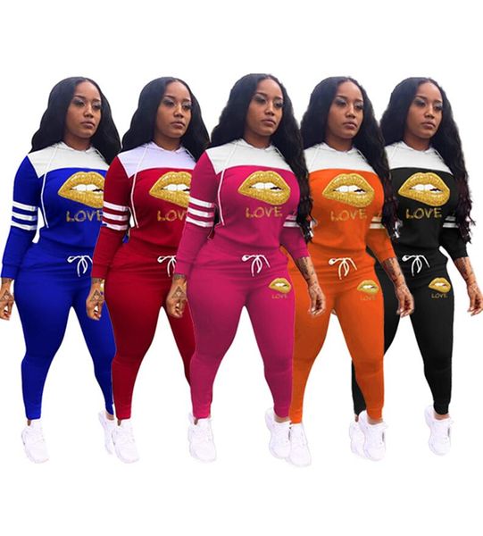 

women lips tracksuit love letters hooded hoodies legging pants two piece clothing sets pullover outfit sweatshirts trousers suit e122308, White