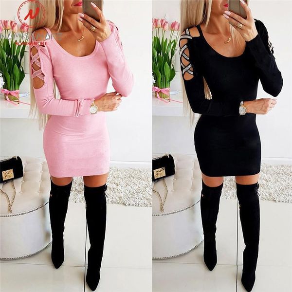 

elegant women mini dress patchwork hollow out design v neck long sleeve solid color slim hips autumn winter dress for streetwear, Black;gray
