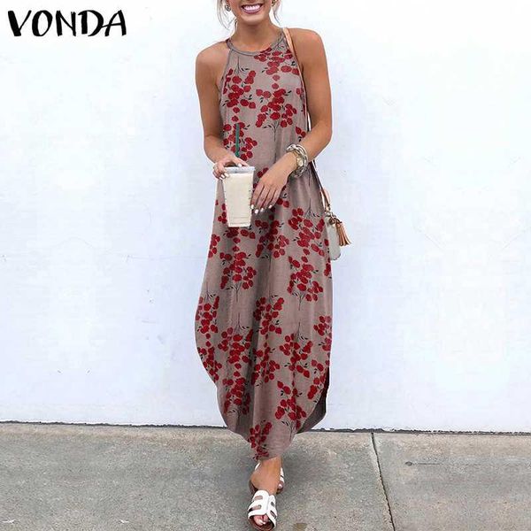 

floral printed long dress vonda bohemian women summer sundress elegant sleeveless loose party vestidos halter dresses robe s-5xl, Black;gray