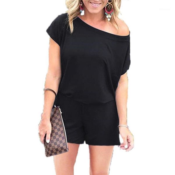 

women's solid summer off shoulder casual short-sleeved short rompers jumpsuits1, Black;white