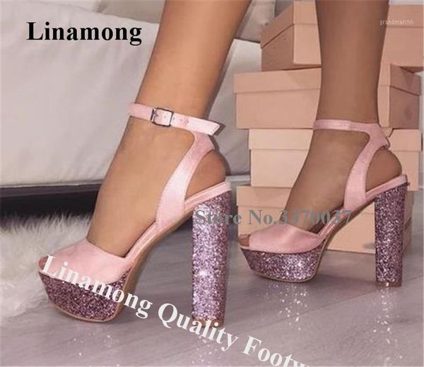 

sandals linamong bling glitters peep toe high platform chunky heel yellow pink sequined thick dress1, Black