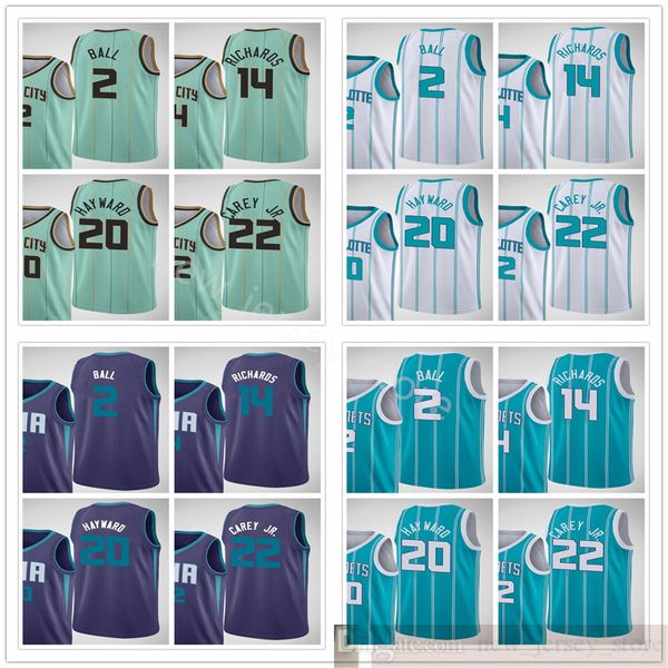 

stitched 2021 new city basketball 2 lamelo ball jerseys green white purple 14 nick richards 22 vernon carey jr. gordon 20 hayward, Black;red