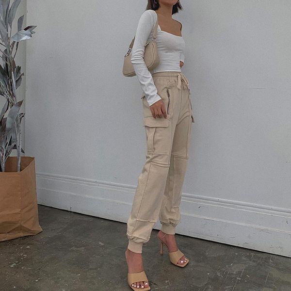 

fashion patchwork zipper sport pants loose female trousers women elastic high waist slim big pocket cargo pants 2021, Black;white