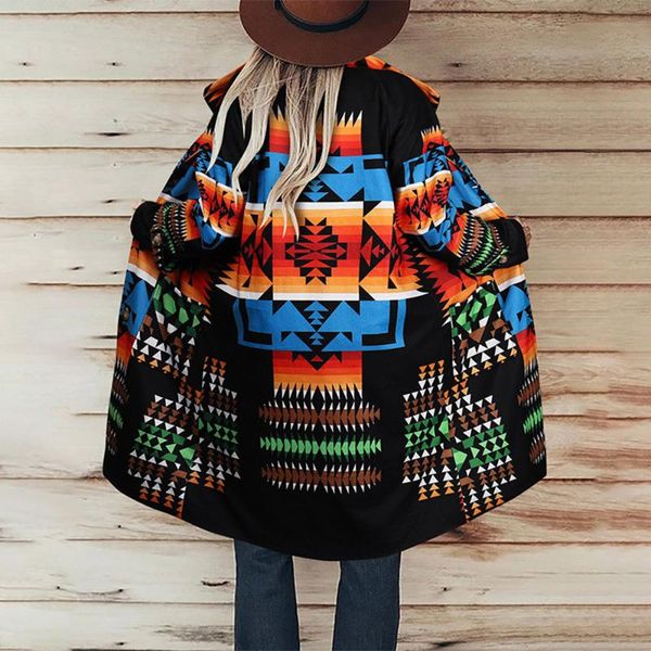 

women's trench coats boho women fashion long geometric color block single-breasted button pocket overcoat western casual simple plus si, Tan;black