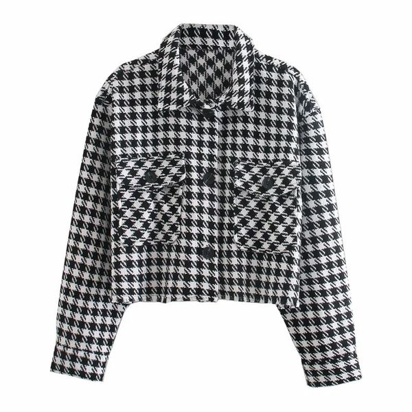 

fashion retro women's lapel single breasted pocket classic houndstooth plaid short shirt style chic jacket, Black;brown