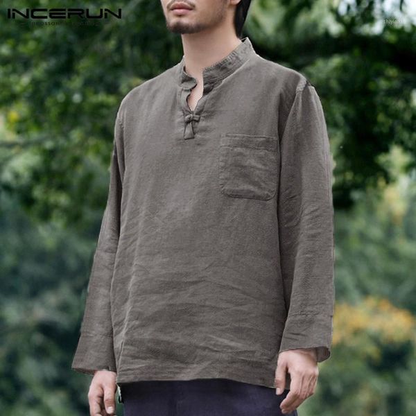 

men vintage shirt loose solid color v neck long sleeve spring autumn casual shirts men retro cotton linen camisas hombre incerun1, White;black