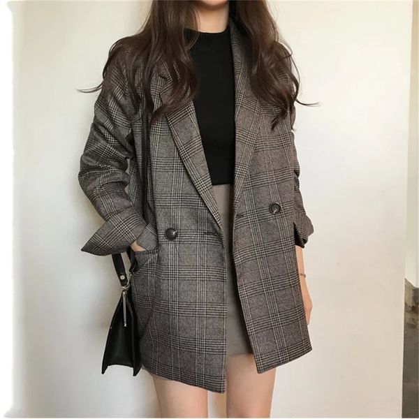 

women's check long sleeve cotton jacket causual vintage coat oversize plaid blazer 2020 lj200814, White;black