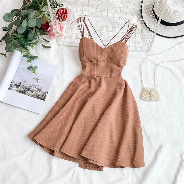 

woman summer backless dress retro striped v neck chest pad thin a line fluffy big swing dress, Black;gray