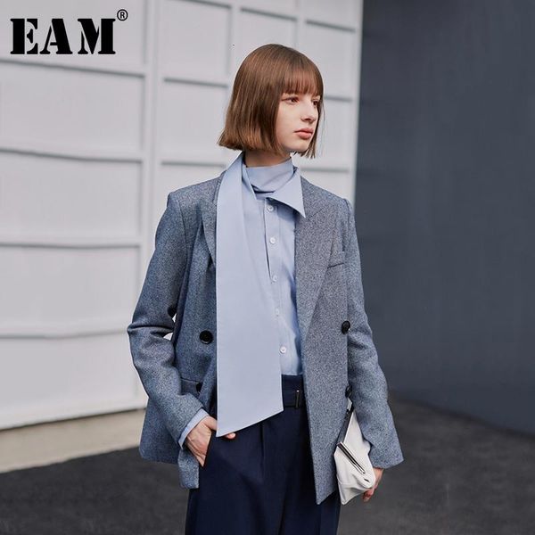 

[eam] loose fit blue brief doube breasted jacket new lapel long sleeve women coat fashion tide spring autumn 2020 1h076, Black;brown
