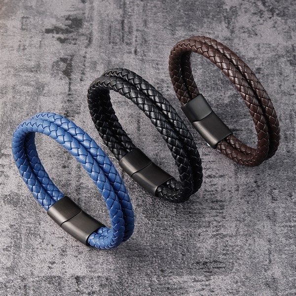 

leather cord bracelet for men women stainless steel double layer weave leather bracelet gift for boyfriend black blue, Golden;silver