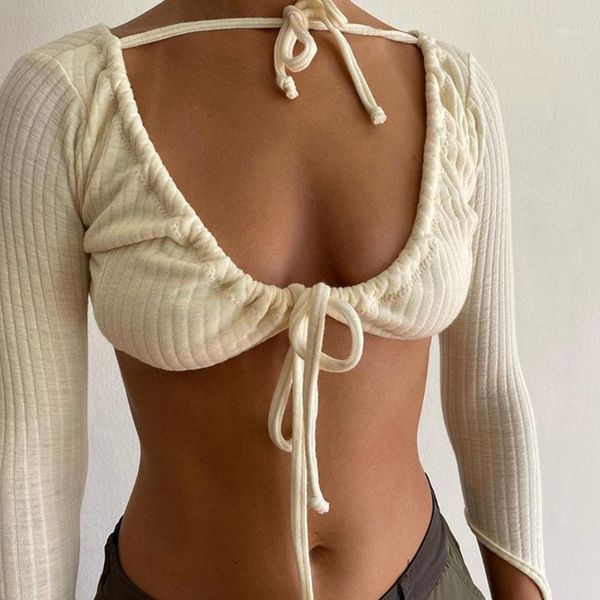 

fashion ultrashort low-cut female tshirt bodycon long-sleeve high streetwear v-neck club woman lace up crop new1, White