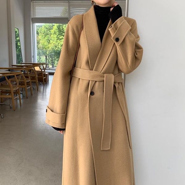

women minimalist long woolen coat with belt full sleeve loose korean ladies overcoat casual plus size outerwear autumn winter, Black