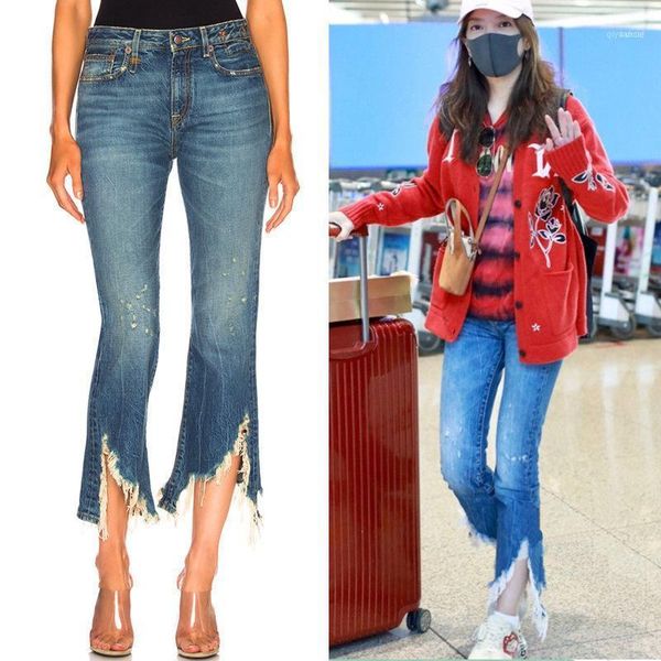 

zhao wei in same blue split burrs poor bootleg jeans trousers cultivate morality nine minutes of pants elastic female11