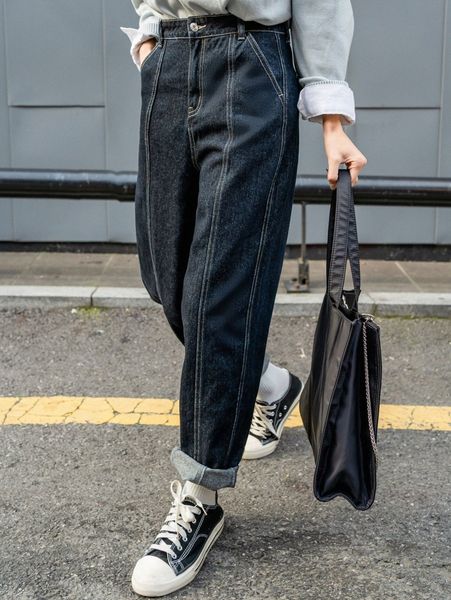 

dazy high waist stitching mom jeans j4re#, Blue