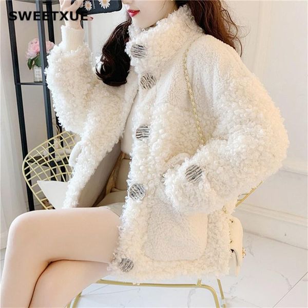 

sweetxue autumn winter new womens faux fur coat stand collar white short cotton coat loose leisure lamb fur coats girls students, Black