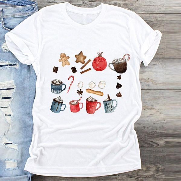 

women season coffee cookies new year fashion merry christmas print clothes graphic female tshirts t shirt ladies tee t-shirt, White