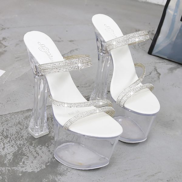 

2021 female crystal 17cm high heels 7cm platform luxury sandals transparent strass white lady fetish slippers graduation shoes hdh2, Black