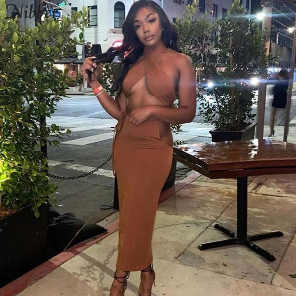 

nibber sleeveless halter intersect two pieces set women nightclub backless crop and bodycon hollow out long skirt suit, Gray