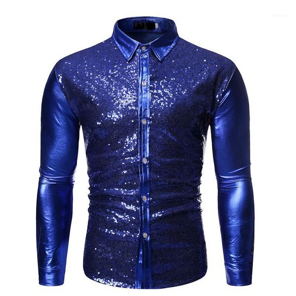 

royal blue sequins glitter shirt men 2019 fashion slim fit long sleeve mens dress shirts disco party nightclub social shirt male1, White;black