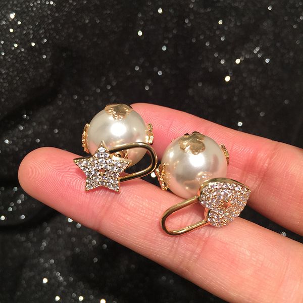 

new fashion luxury designer lovely pretty bee diamond star heart pearl double sided stud earrings for woman girls 925 silver post, Golden;silver