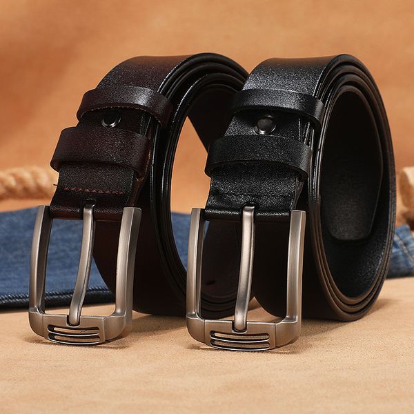 

himunu] luxury cowhide belts for fashion designer vintage pin buckle genuine leather waistband men clothing accessories, Black;brown