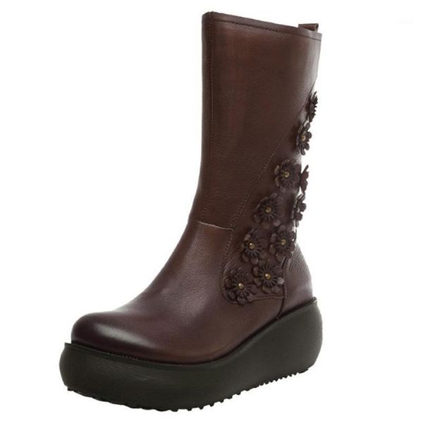 

boots genuine cow leather zipper mid-calf black shoes for women high heels winter flowers riding footwear retro handmade1