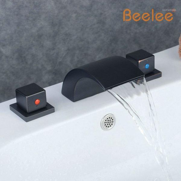 

beelee bl18303b dual handles oil rubbed bronze black bathroom sink faucet luxury waterfall deck mounted basin sink faucet1