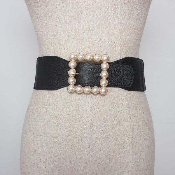 

new elastic wide belt stretch pearl alloy gold square buckle cummerband lady party black waistbands for dress waist seal women sqcnha, Black;brown