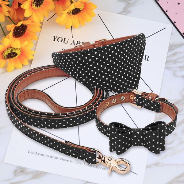 

dog cat bandana collar dog walking leash cute polka dot bowknot leather dog collars leash set for small medium dogs pet bbynsd