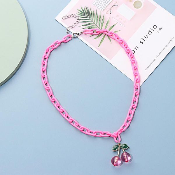 

chokers pink cherry transparent pendant acrylic chain necklace for women girl cute creative fruit choker statement jewelry, Golden;silver