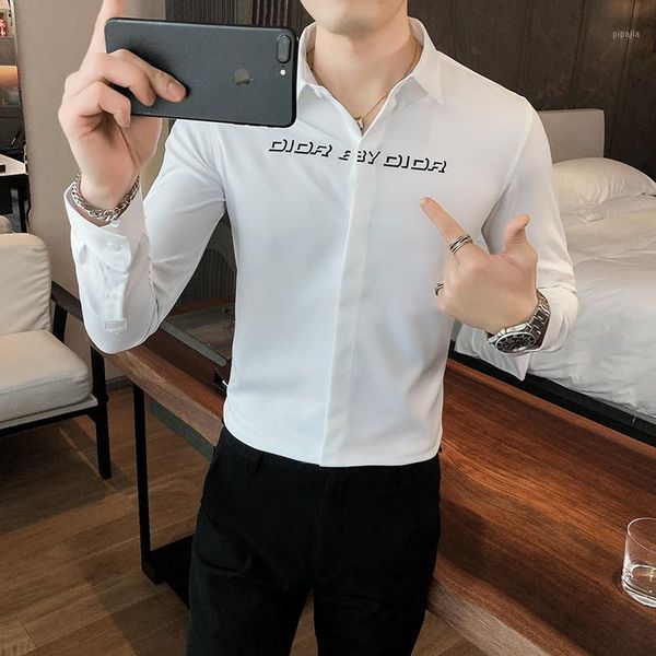 

2020 autumn men shirts long sleeve casual slim fit letter print streetwear business social formal dress shirt chemise homme1, White;black