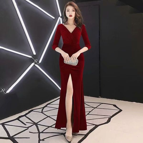 

2021 new robe soiree elegant evening clothes decorated v three quarts division 3giv, Black;red