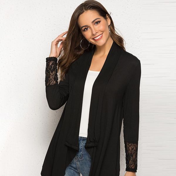 

women thin cardigan long sleeve loose lace patchwork black white plus size asymmetric hem thin outerwear, Black;brown