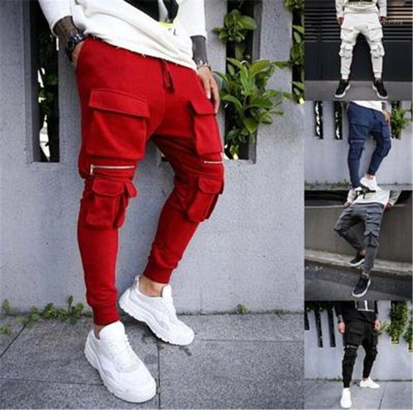 

zipper drawstring sports long pants spring male multiple pockets casual skinny trousers mens running fitness sweatpants fashion trend, Black