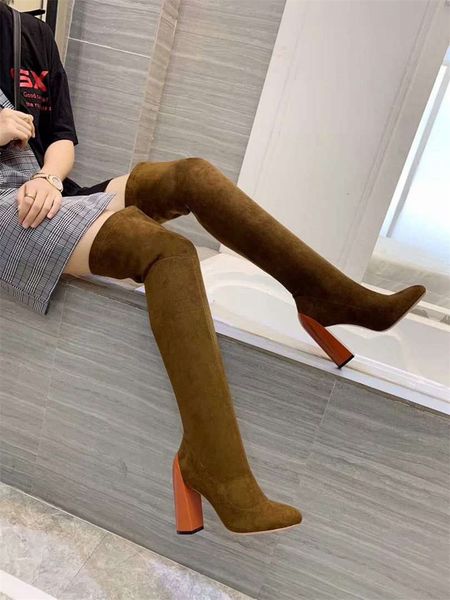 

2021 femme preto chaussures bronzeado coxa couro alta calcanhar robusto botas das mulheres sobre o joelho longo trecho magro 0qub, Black