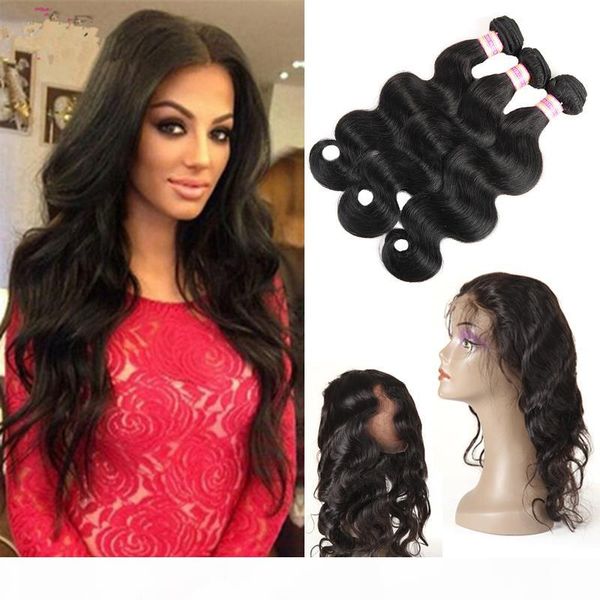 

pre plucked 360 lace frontal with bundles indian virgin human hair extensions body wave straight hair 3 bundles with frontal closure, Black;brown