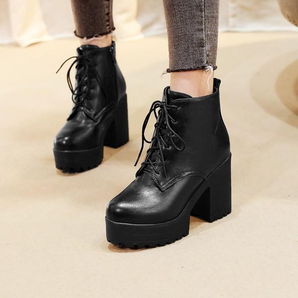 

boots big size 11 12 13 women's thick-soled with chunky heels short tube warm lace-up, Black
