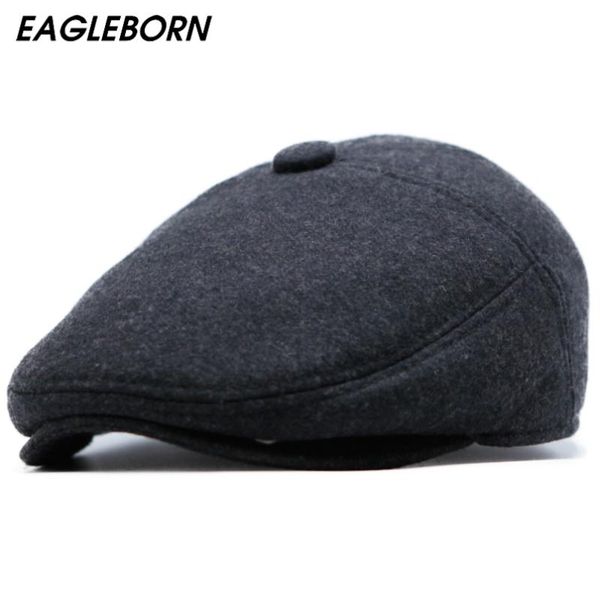 

berets winter men hat woolen beret dad senior cap ear protection warm dark felt cold solid hats, Blue;gray