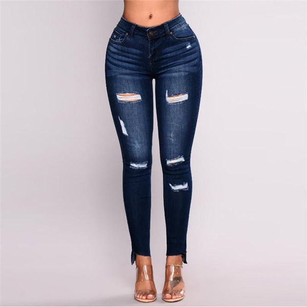 

fashion jeans boyfriend women elastic high waist jeans denim hole ripped female mid waist stretch slim pencil pants e231, Blue