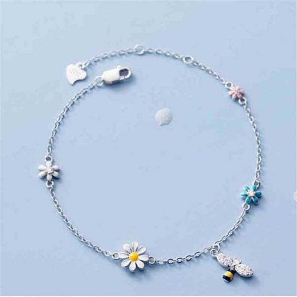 

925 sterling silver tassel zircon daisy bee charm bracelet bangle for women girls party wedding trendy jewelry accessories sl437, Golden;silver