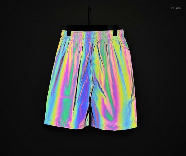 

men spring summer rainbow color reflective shorts elastic waist joggers mens colorful night reflect light short pants bermuda1, White;black