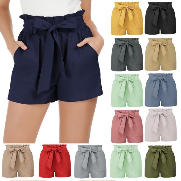 

summer shorts women's clothes casual slim fit elastic waist shorts with pockets pure color belt lace-up female leisure holiday, White;black