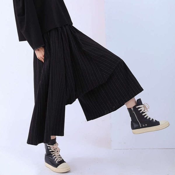 

autumn 2020 new pattern wide [e2t] leg straight tube capris loose casual pants women pleated skirt, Black;gray