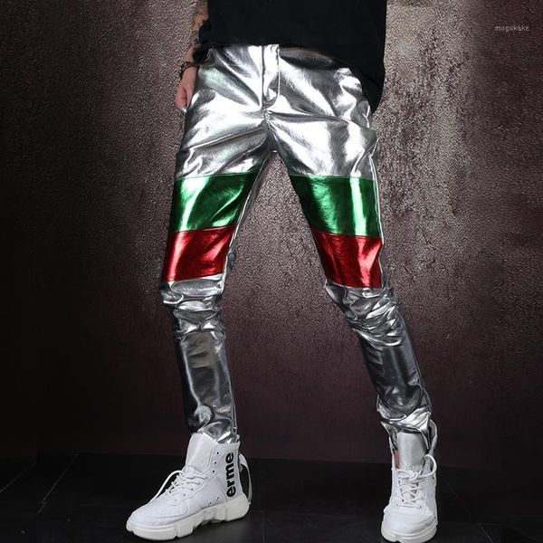 

men slim fit splice slivery leather pant male streetwear hip hop club dancer cool pencil trouser stage clothing1, Black