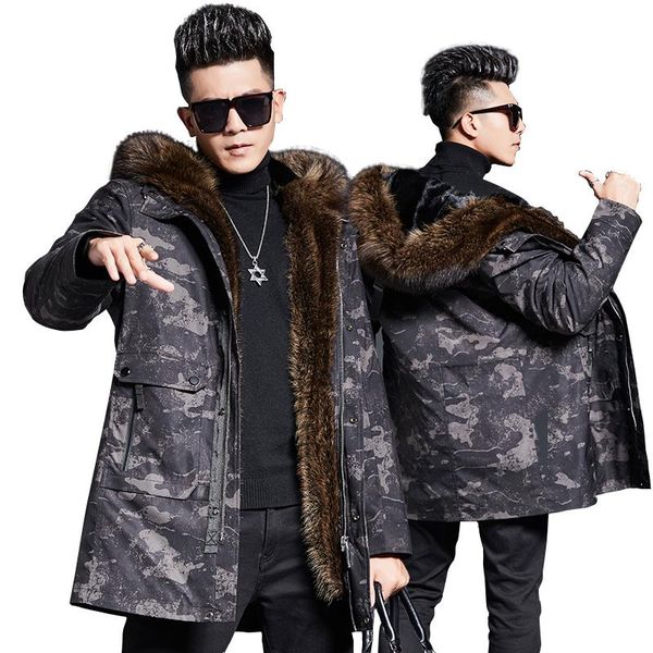 

men's leather & faux dk winter thicken pearl parkas men warm natural racoon dog fur clothing fashion camouflage real jackets, Black