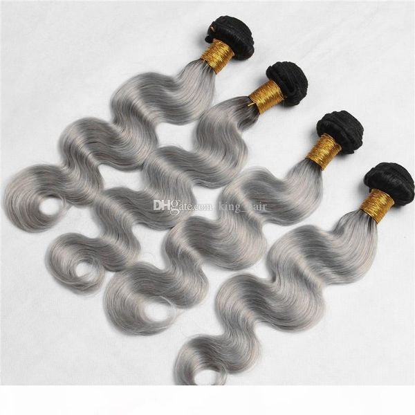 

новое прибытие 4шт silver gray ombre extensions волос # 1b gray body wave 9а индийский богородица человеческих волос переплетений ombre 2 то, Black