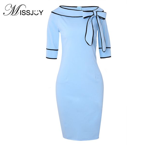 

missjoy office dress autumn women half sleeve bow patchwork elegant ladies working business party knee length pencil dress y200805, Black;pink